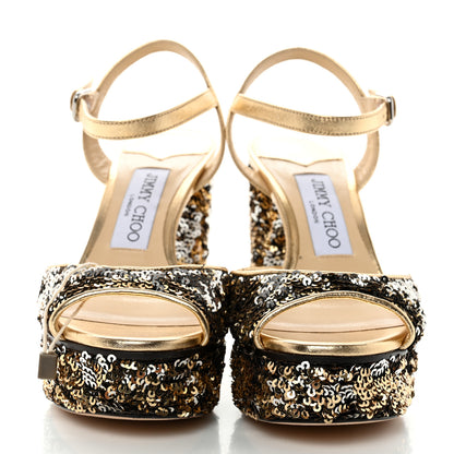 Jimmy Choo Sequin Peachy Peep Toe Platform Pumps 35 Silver Gold 2 of 7