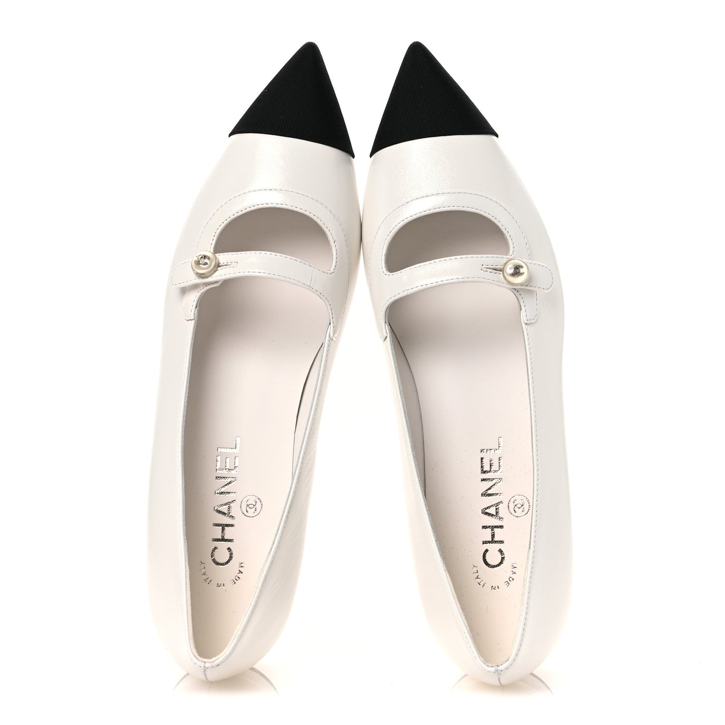 Shiny Lambskin Grosgrain Pearl Mary Janes Flats 39.5 White Black