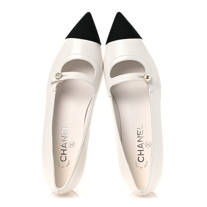 Chanel Shiny Lambskin Grosgrain Pearl Mary Janes Flats 39.5 White Black 2 of 11