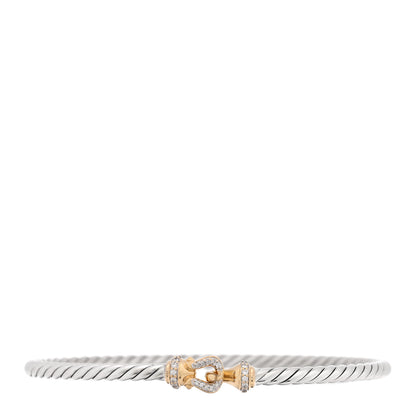 David Yurman Sterling Silver 18K Yellow Gold Diamond 3mm Cable Buckle Bracelet 1 of 4