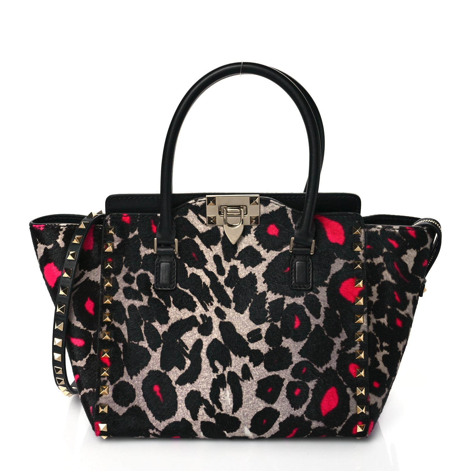 Valentino Garavani Calf Hair Leopard Print Small Rockstud Double Handle Tote Grey Pink 1 of 9