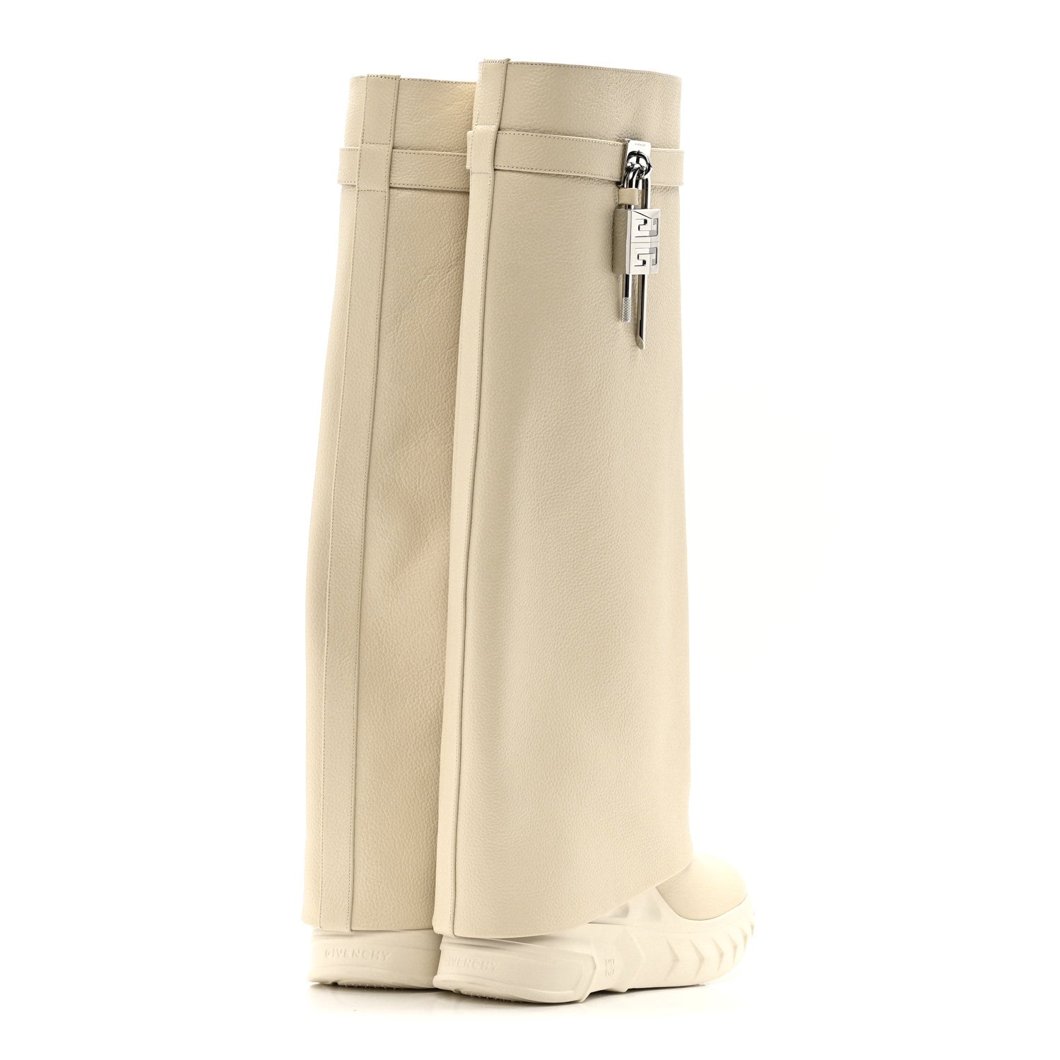 Givenchy Grained Calfskin Shark Lock Biker Knee Boots 37 Beige 4 of 9