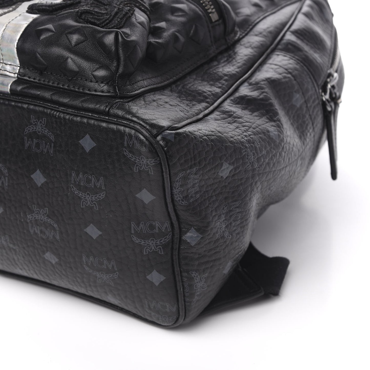 Metallic Visetos Calfskin Medium Studded Munich Lion Stark Backpack Silver Black
