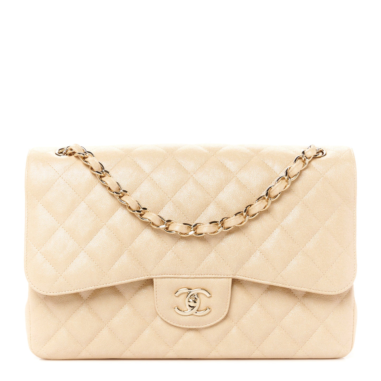 Iridescent Caviar Quilted Jumbo Double Flap Beige