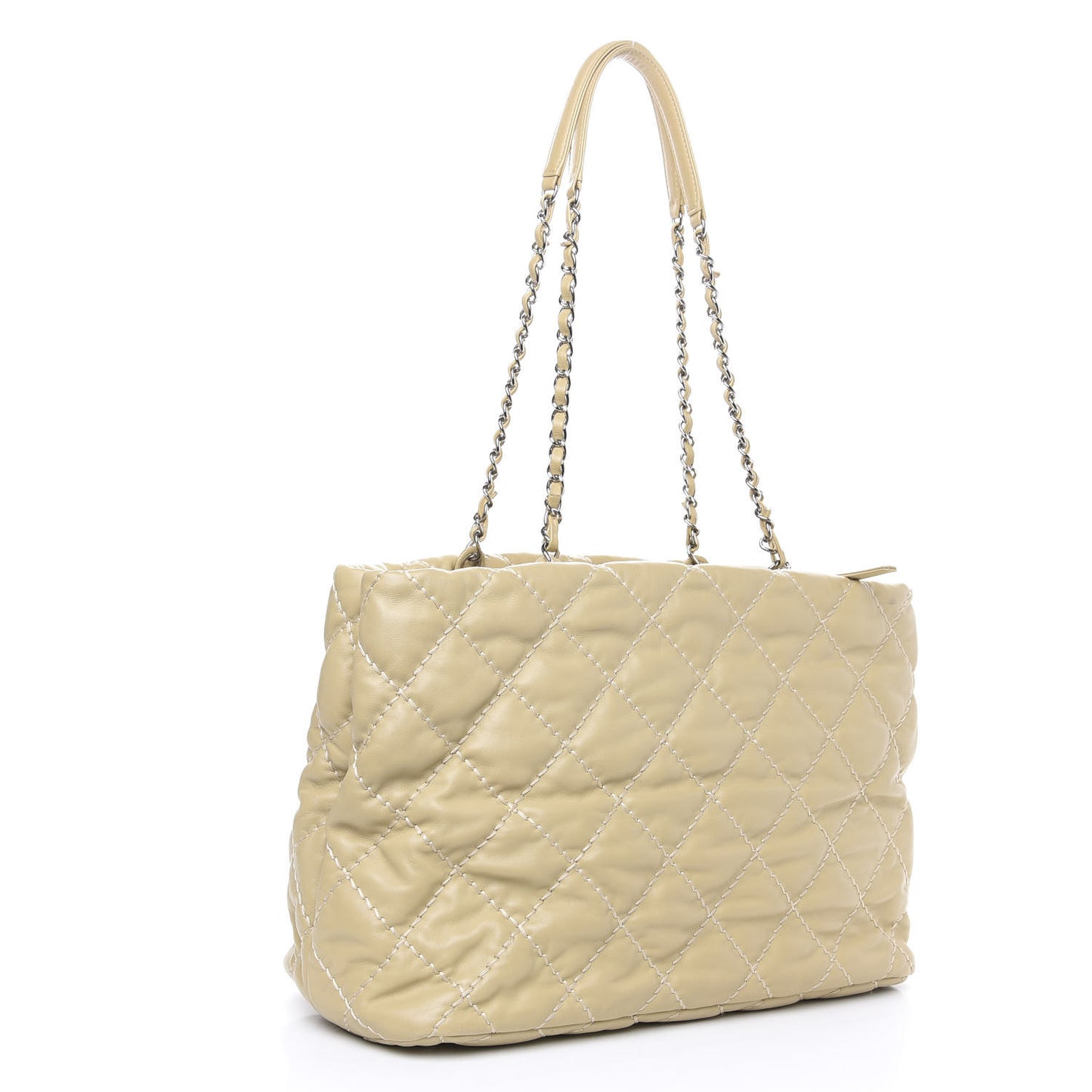 Calfskin Contrast Stitch Tote Beige