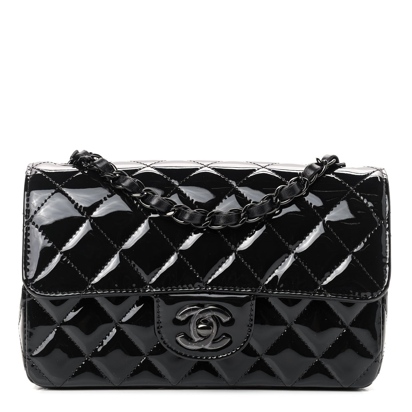 Patent Calfskin Quilted Mini Rectangular Flap So Black