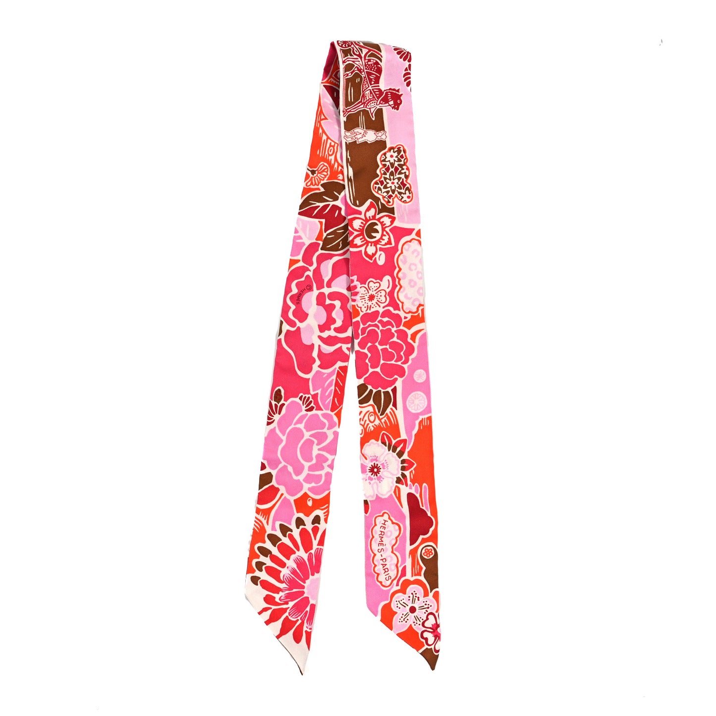 Silk Bingata Twilly Fuchsia Corail Brun