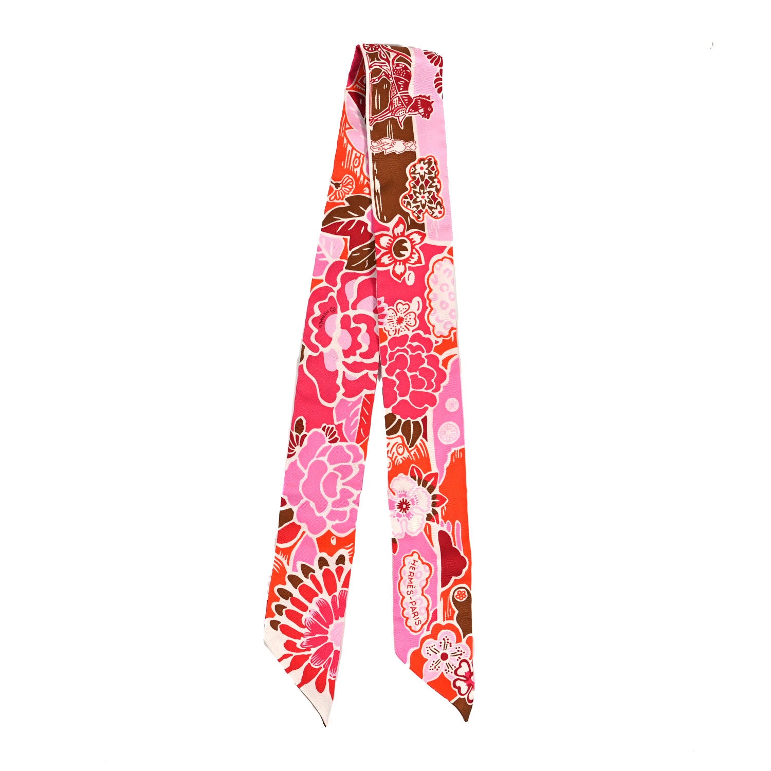Hermes Silk Bingata Twilly Fuchsia Corail Brun 2 of 4