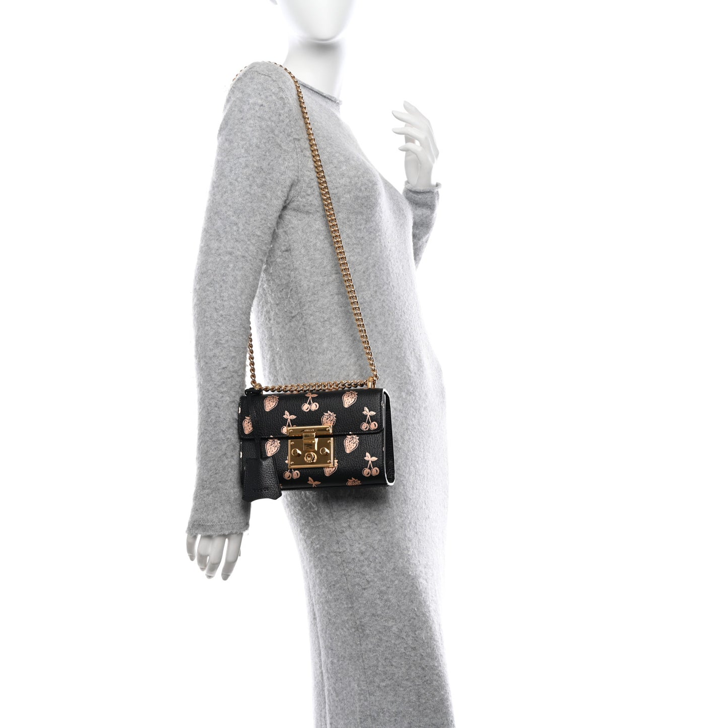 Textured Dollar Calfskin Berry Print Small Padlock Shoulder Bag Black Light Copper