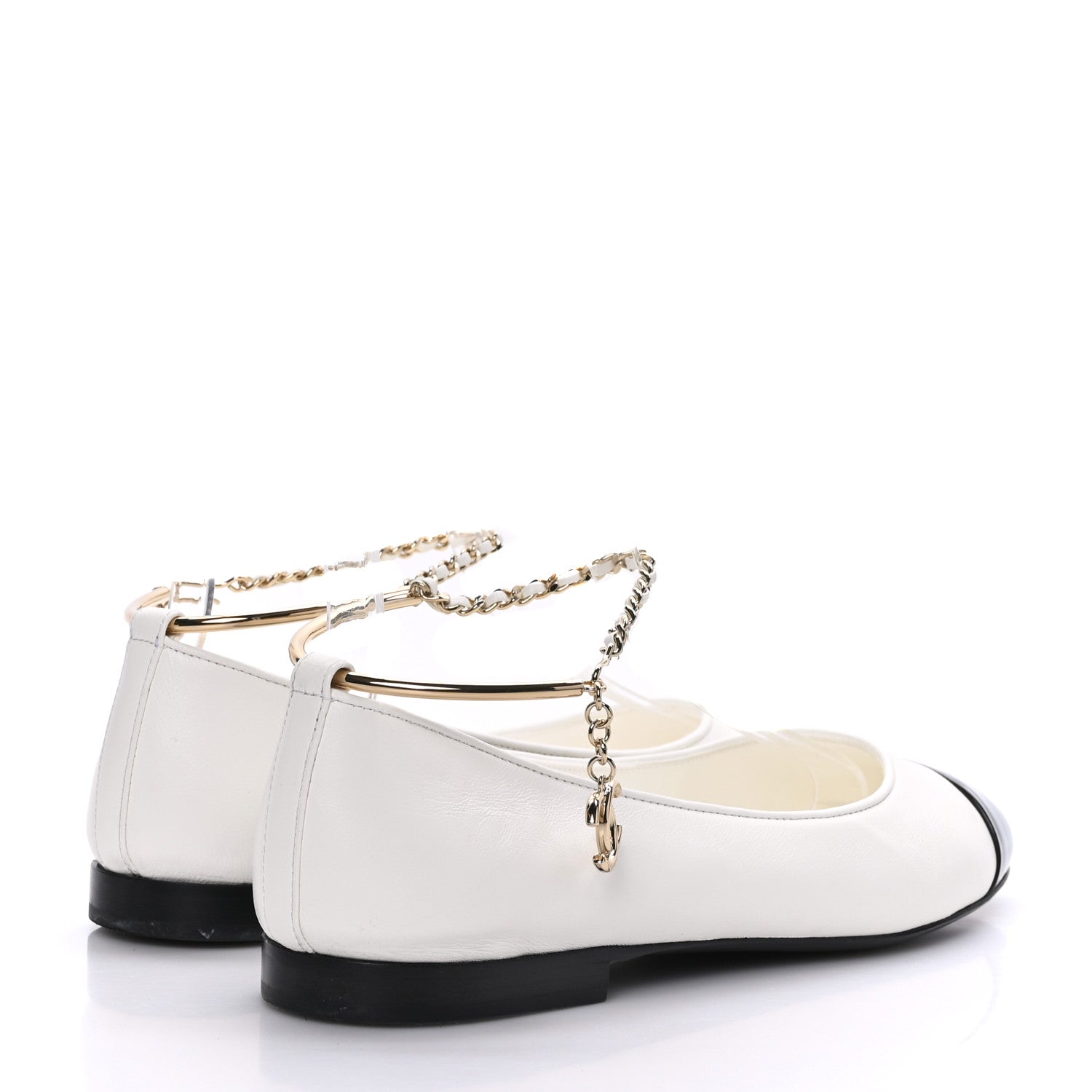 Chanel Lambskin Patent Calfskin Cap Toe Ankle Chain Ballerina Flats 38 White Black 4 of 8