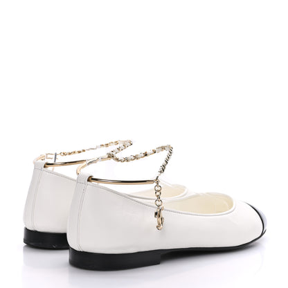 Chanel Lambskin Patent Calfskin Cap Toe Ankle Chain Ballerina Flats 38 White Black 4 of 8