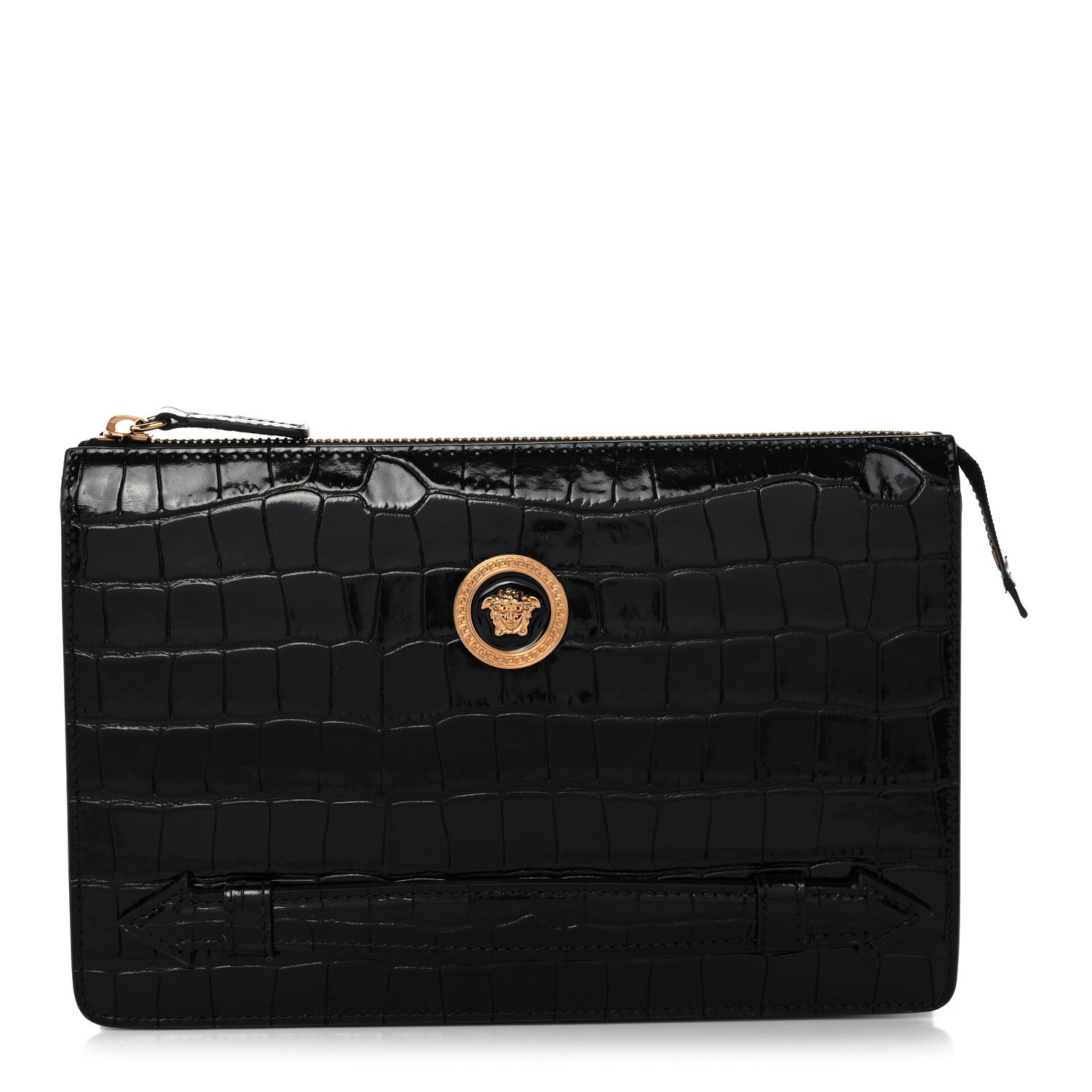 Versace Calfskin Crocodile Embossed La Medusa Pouch Black 1 of 7