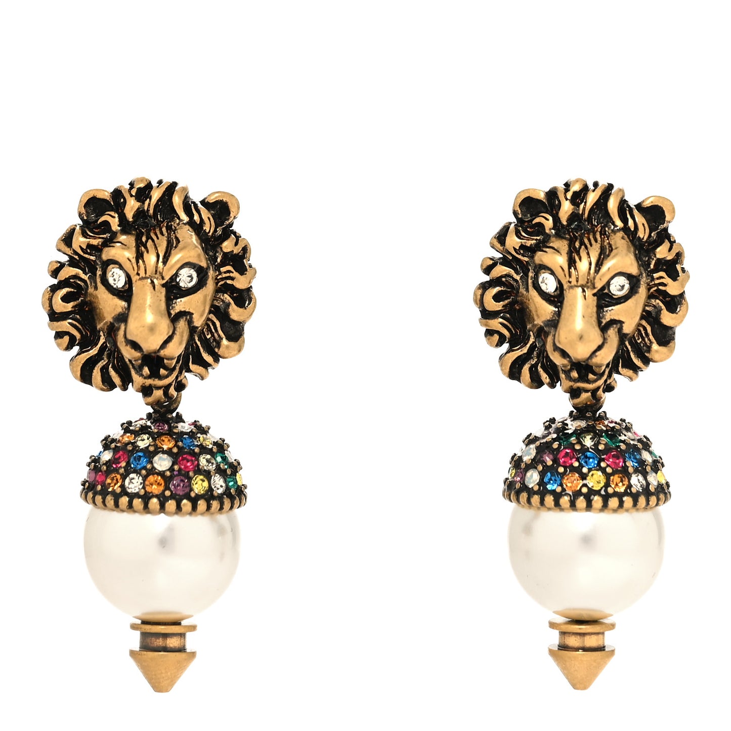 Metal Crystal Lion Earrings Aged Gold