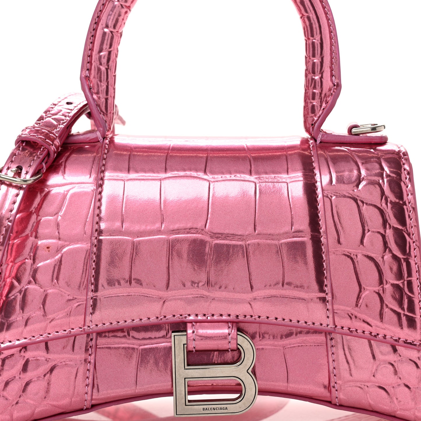 Metallic Shiny Calfskin Crocodile Embossed Hourglass Top Handle Bag XS Pink