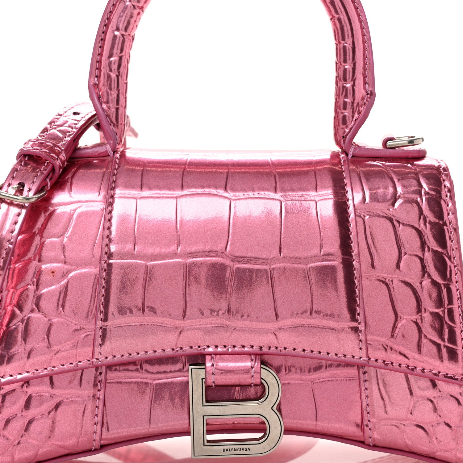 Balenciaga Metallic Shiny Calfskin Crocodile Embossed Hourglass Top Handle Bag XS Pink 5 of 10