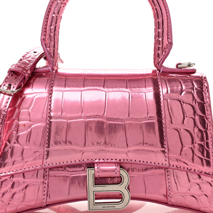 Balenciaga Metallic Shiny Calfskin Crocodile Embossed Hourglass Top Handle Bag XS Pink 5 of 10