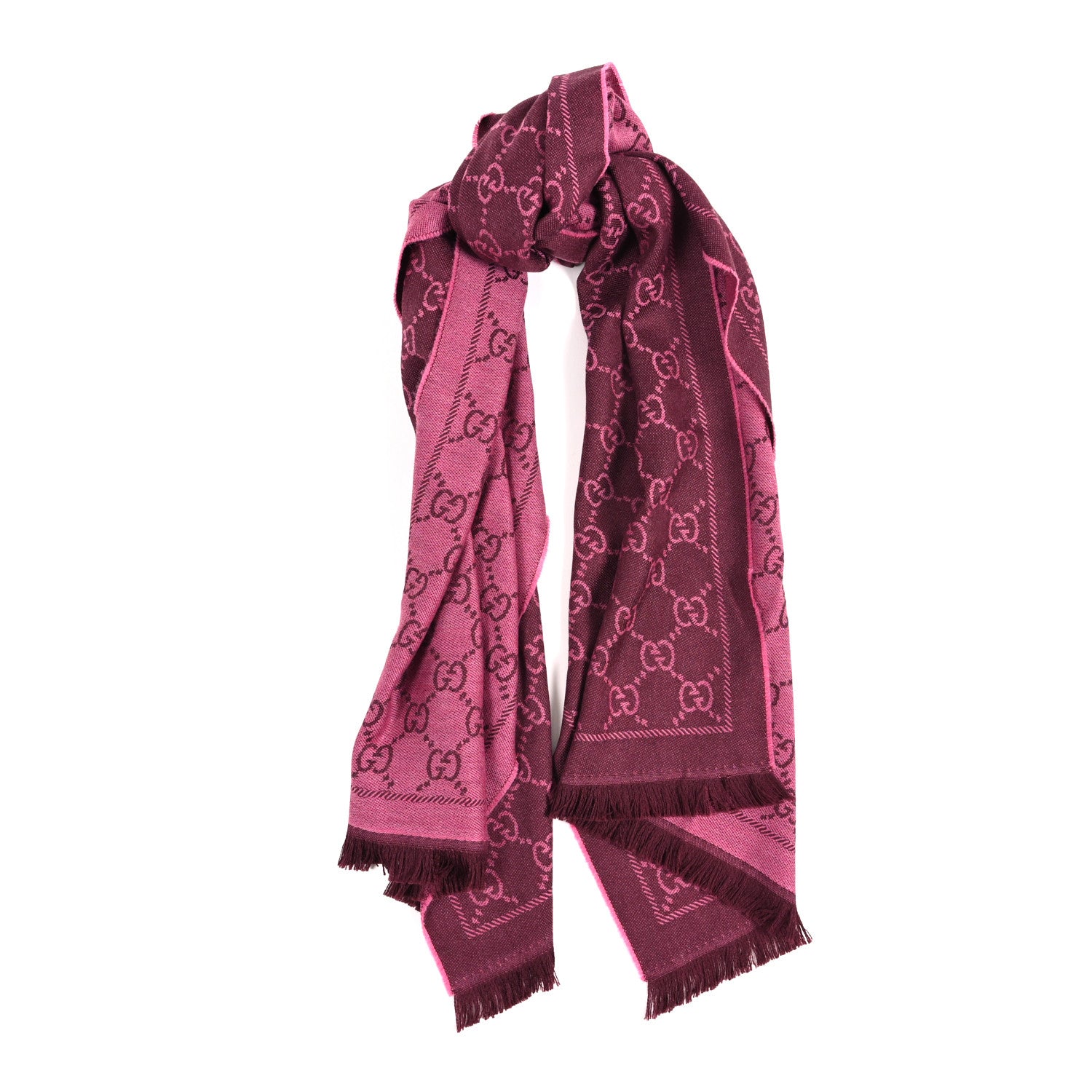 GUCCI 秋冬 Pink scarf with fringesスカーフ GUCCI + NET SUSTAIN Sten reversible fringed organic wool-jacquard