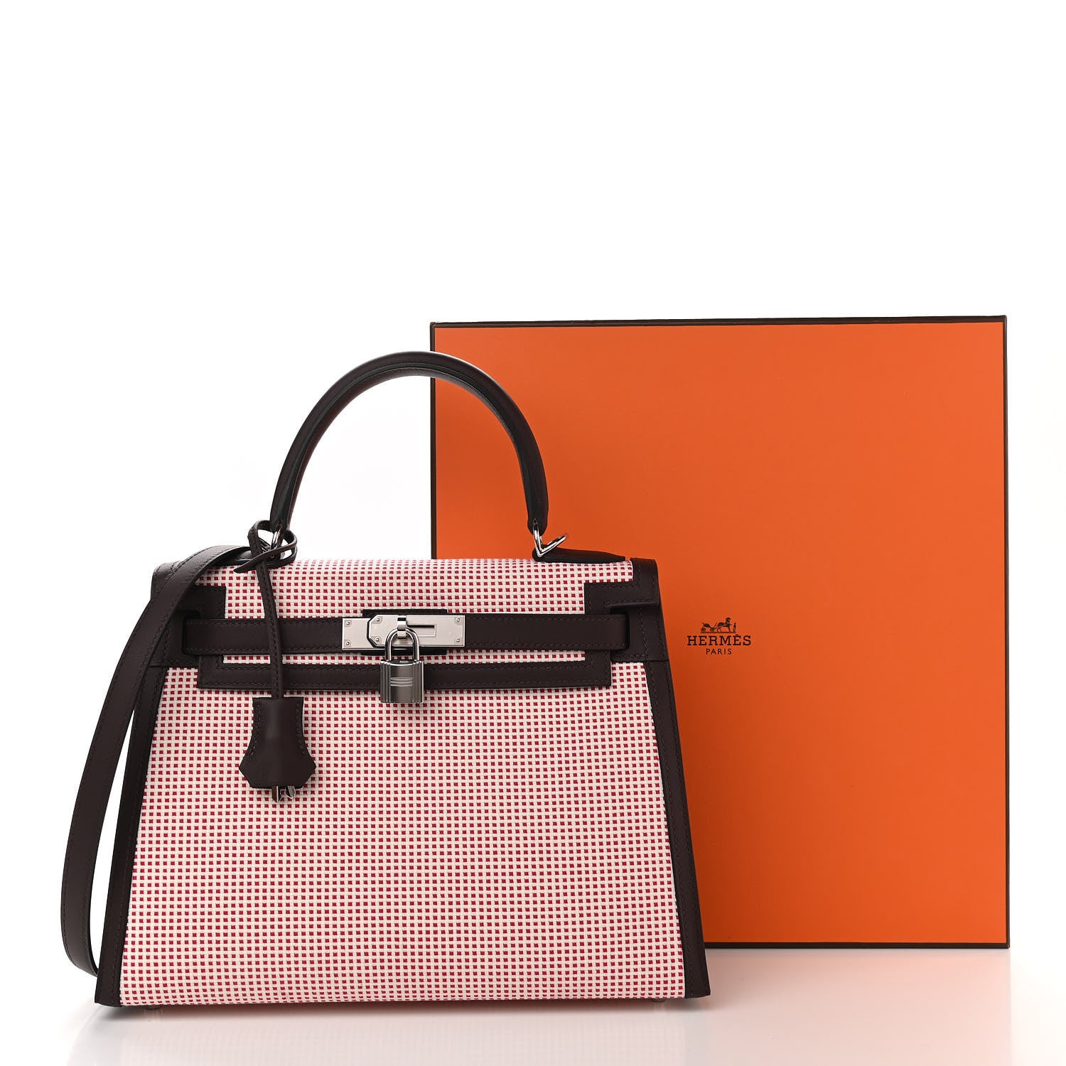 Hermes Toile Quadrille Swift Kelly Sellier 28 Framboise Ecru Rouge Sellier 11 of 11