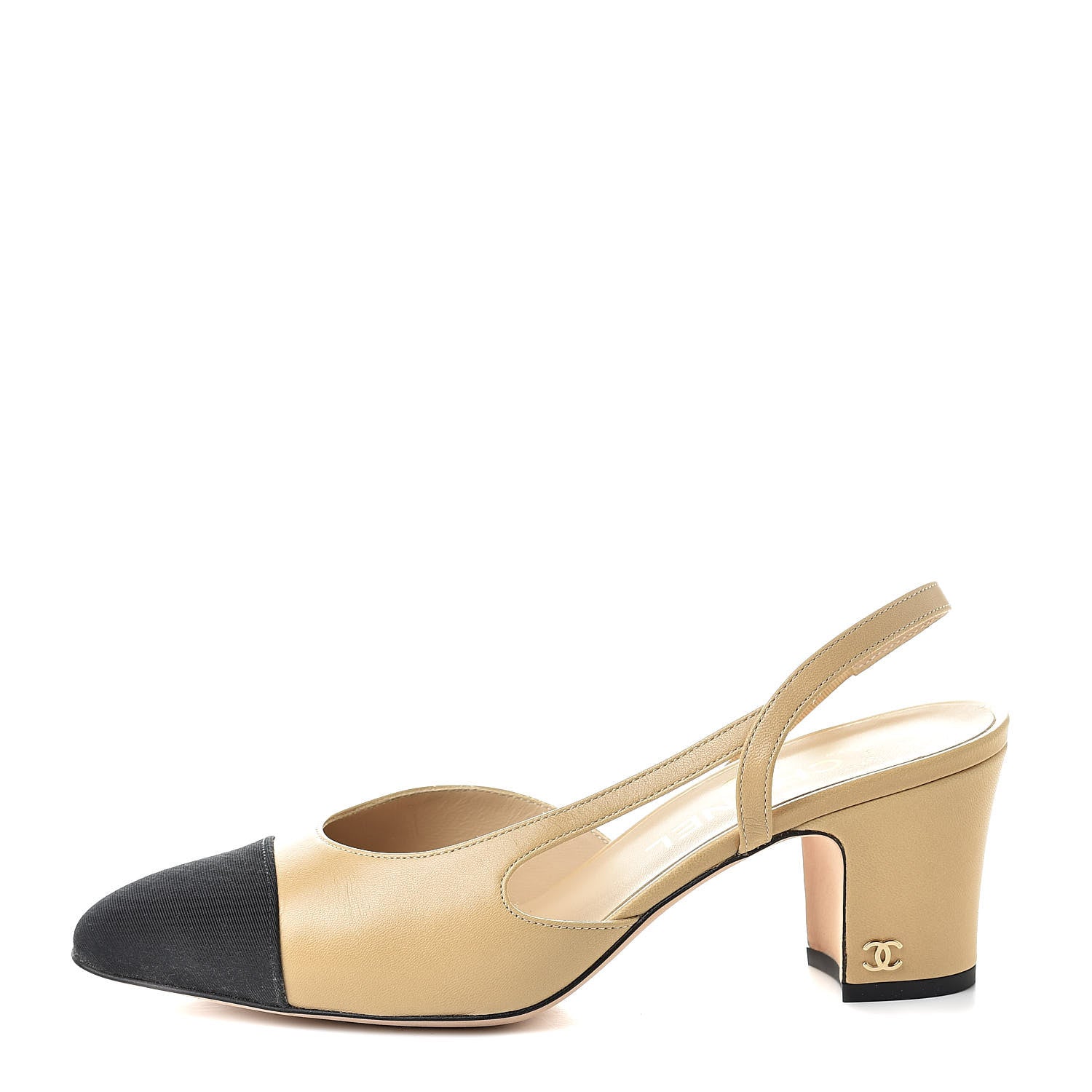 Chanel Goatskin Grosgrain Cap Toe CC Slingback Pumps 37.5 Beige Black 1 of 9