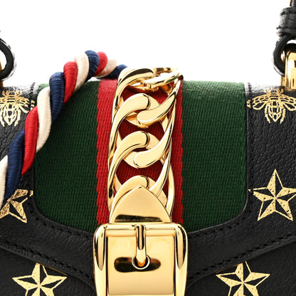Gucci Textured Calfskin Bee Star Print Mini Sylvie Top Handle Bag Black 8 of 11