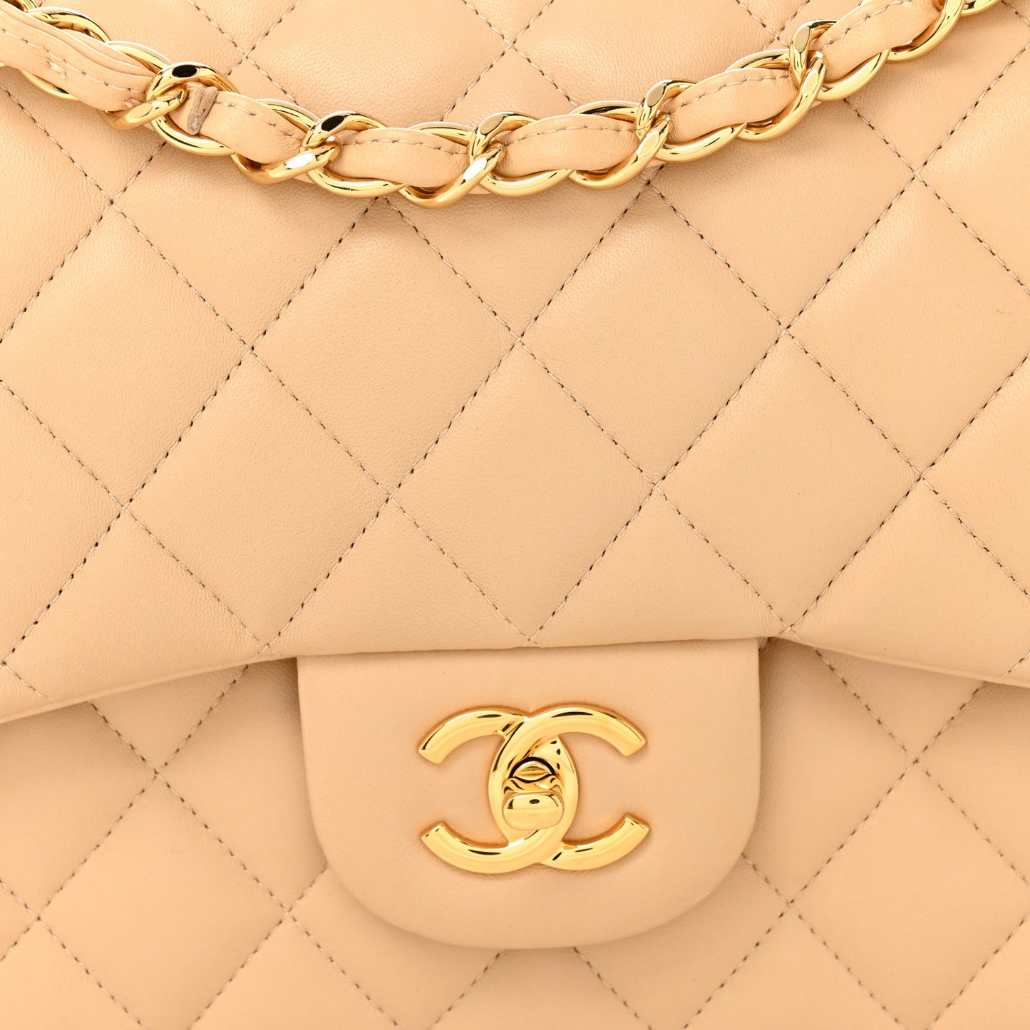 Lambskin Quilted Jumbo Double Flap Beige