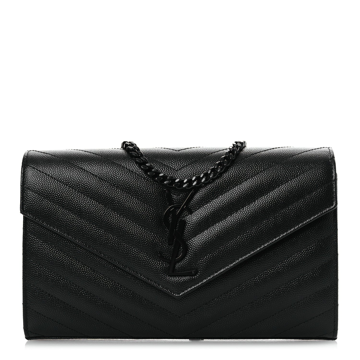 Saint Laurent Grain De Poudre Matelasse Chevron Monogram Monochrome Chain Wallet Black 1 of 13