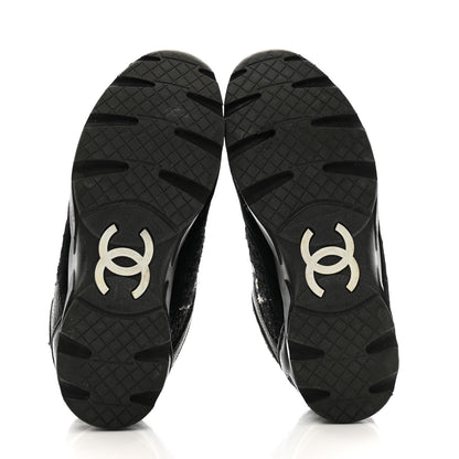 Chanel Tweed Suede Goatskin CC Sneakers 38 Black White 6 of 11
