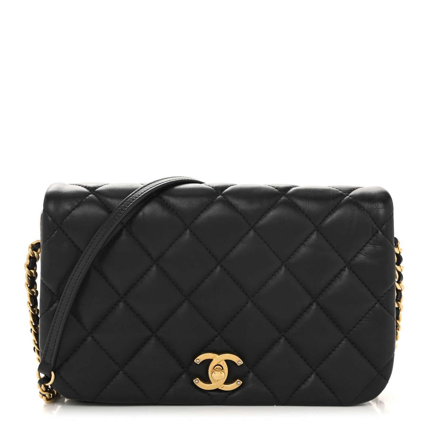 Calfskin Quilted Nailed CC Flap Bag Black