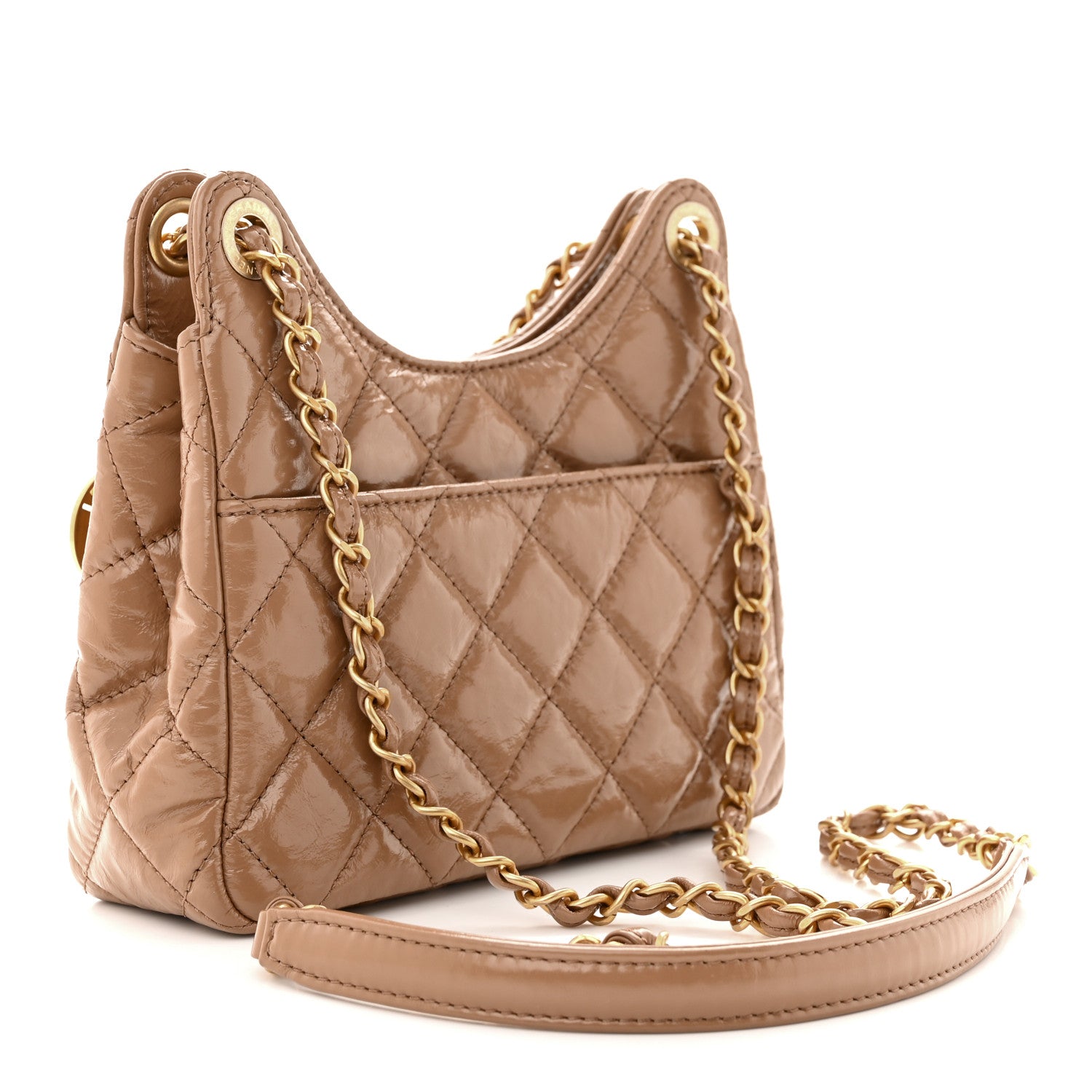 Chanel Shiny Crumpled Calfskin Quilted Small Wavy CC Hobo Dark Beige 3 of 12