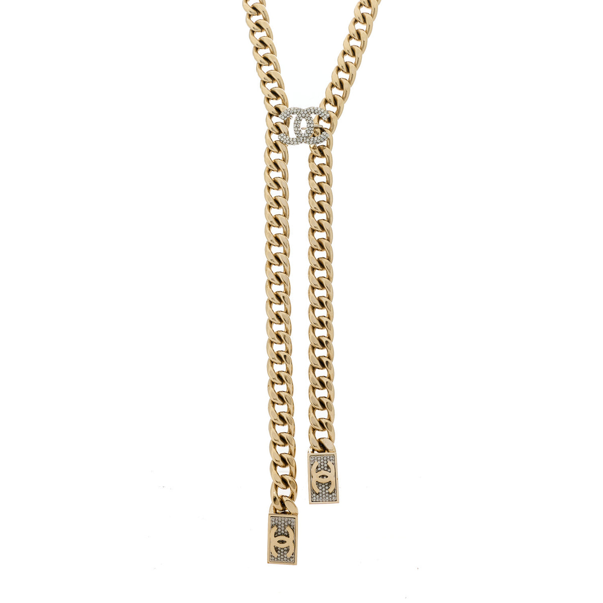 Chain Link Crystal CC Dog Tag Charm Necklace Gold