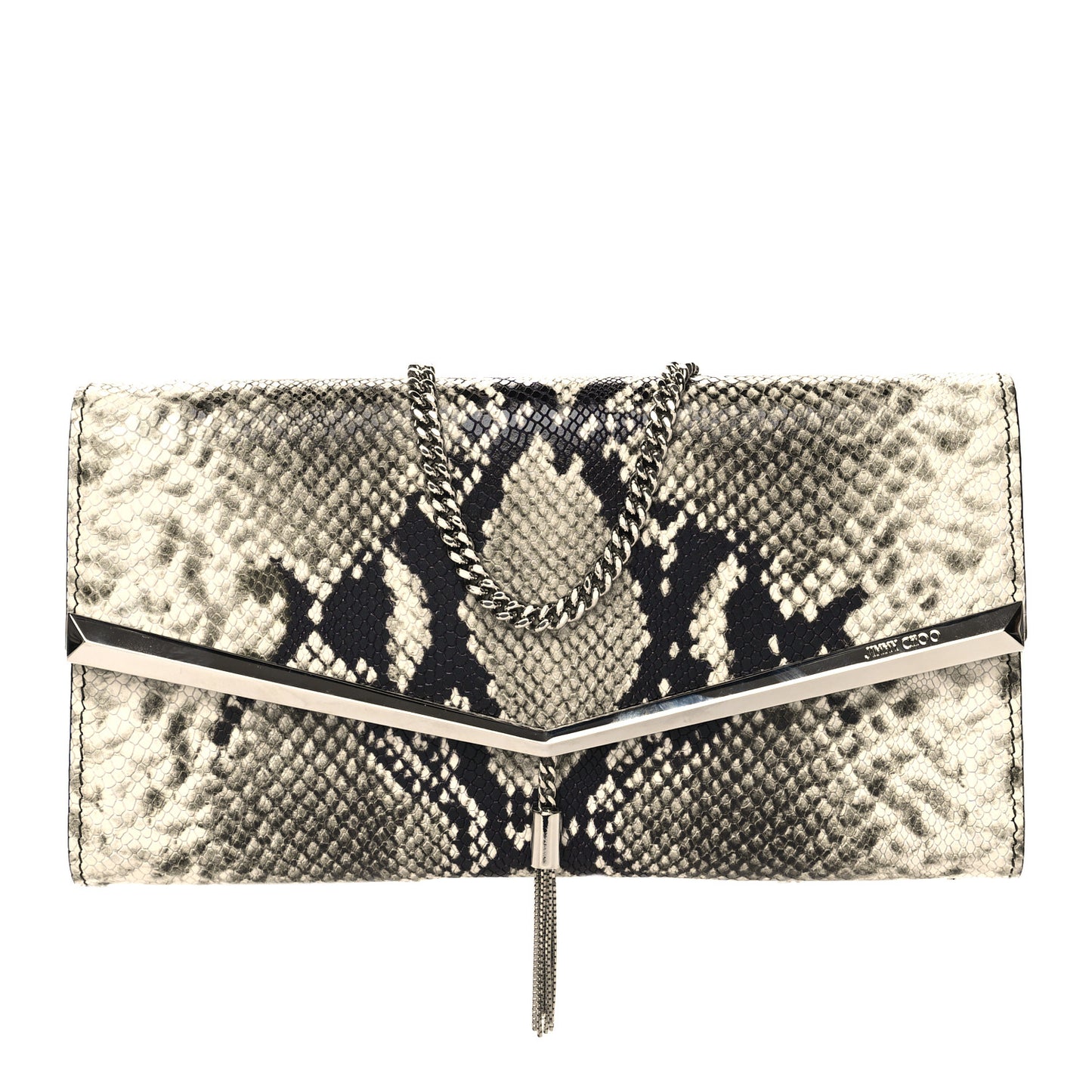 Snakeskin Embossed Chain Clutch Black Beige