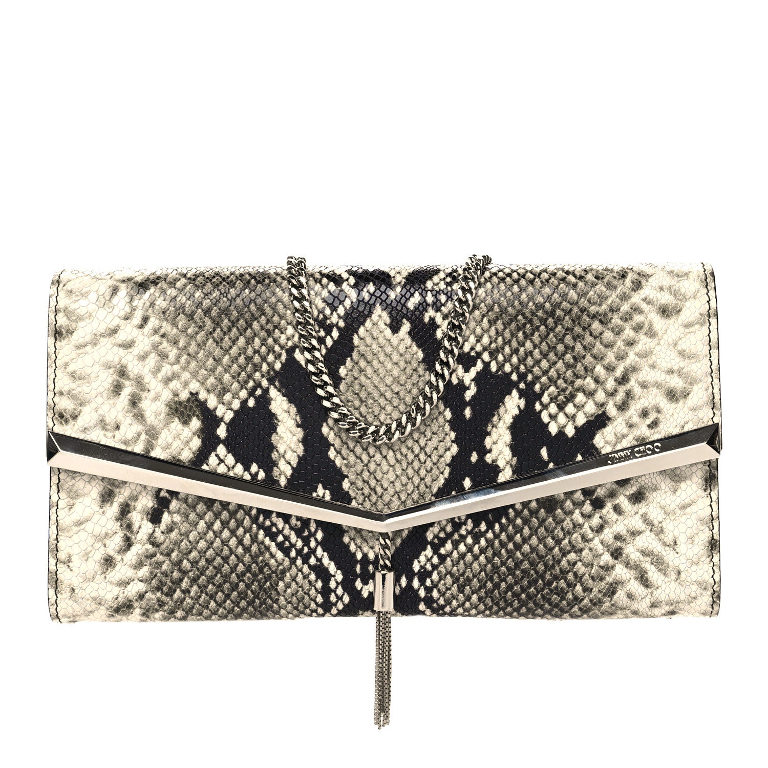Jimmy Choo Snakeskin Embossed Chain Clutch Black Beige 1 of 9
