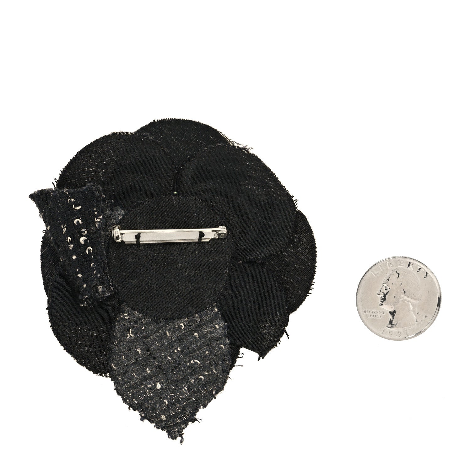 Chanel Tweed Camellia Pin Brooch Black 2 of 3