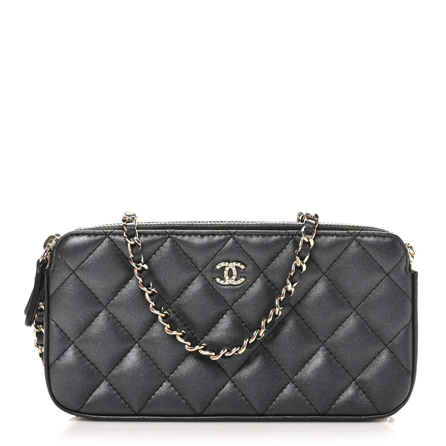 Iridescent Lambskin Quilted Pearl Clutch With Chain Black