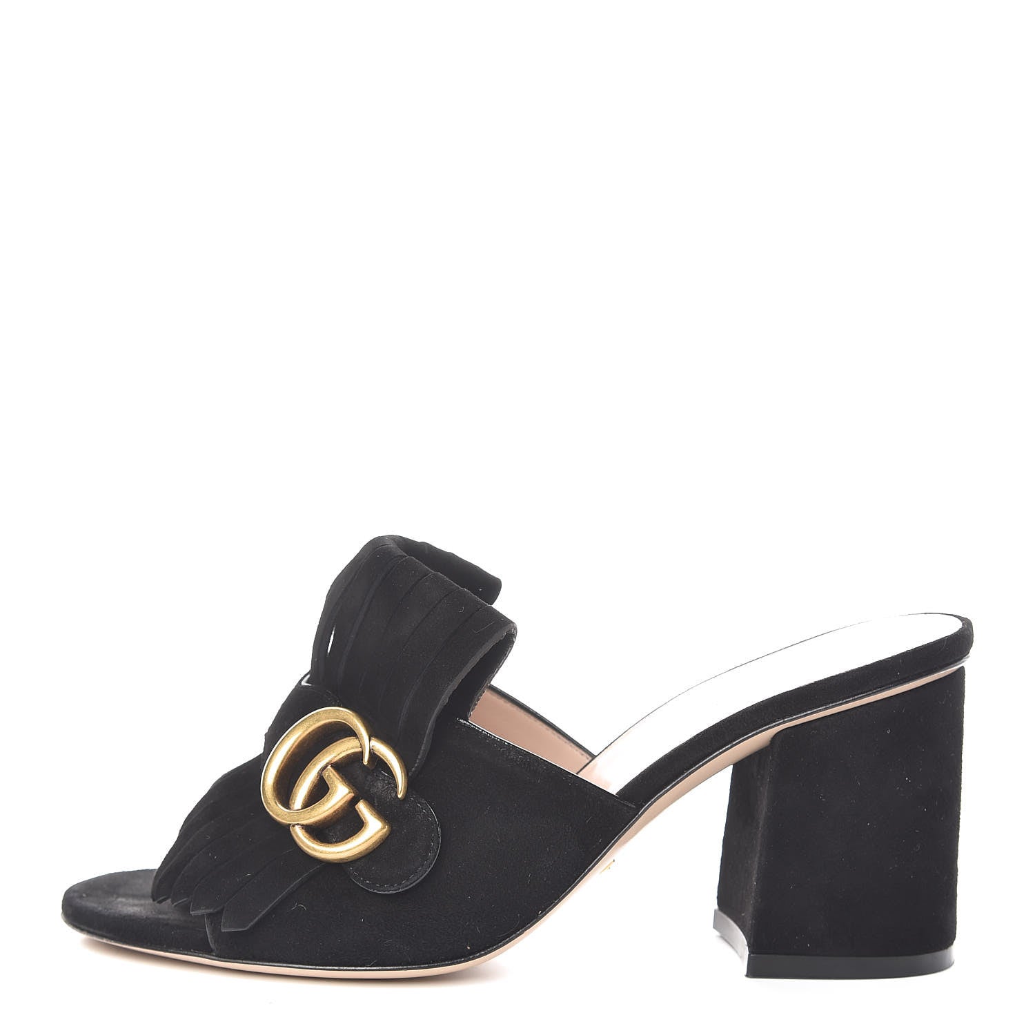Gucci Kid Scamosciato GG Marmont Fringe 75mm Slide Sandals 36.5 Black 1 of 11