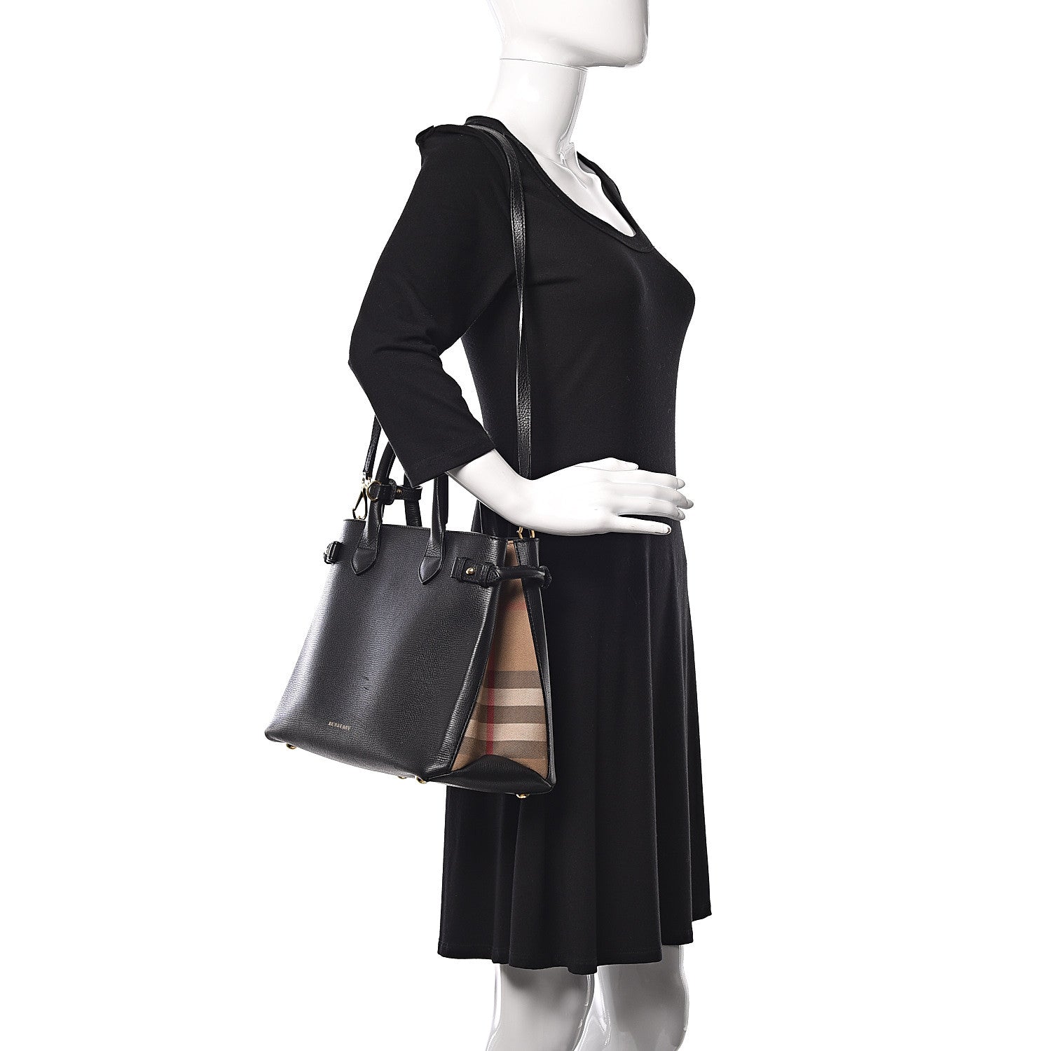 Burberry Grainy Calfskin House Check Medium Banner Tote Black 2 of 9