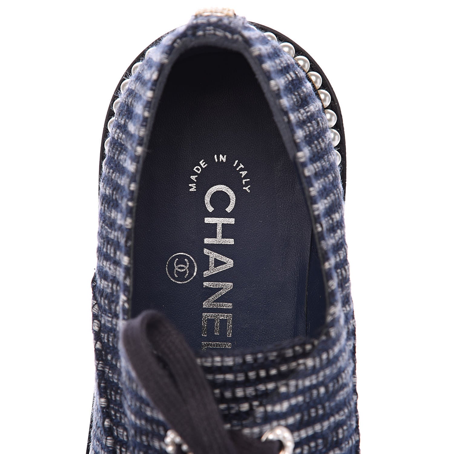 Chanel Tweed Grosgrain Pearl Lace Up Sneakers 38 Navy Black 7 of 9