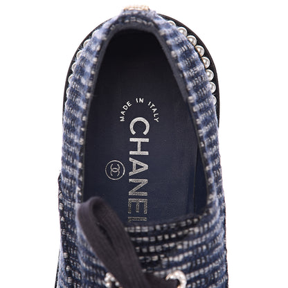 Chanel Tweed Grosgrain Pearl Lace Up Sneakers 38 Navy Black 7 of 9