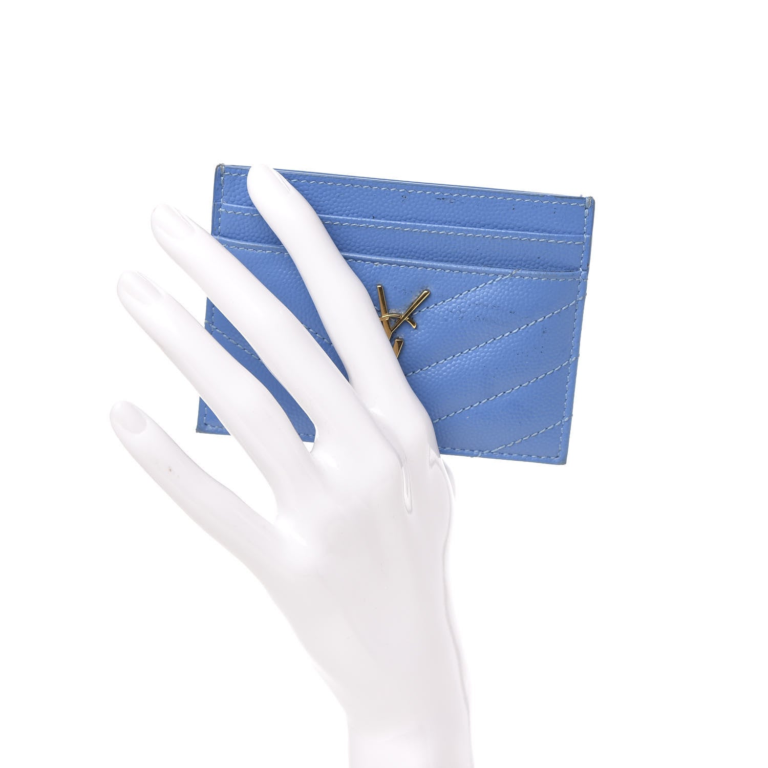 Saint Laurent Grain De Poudre Matelasse Monogram Credit Card Case Blue Clair 2 of 8