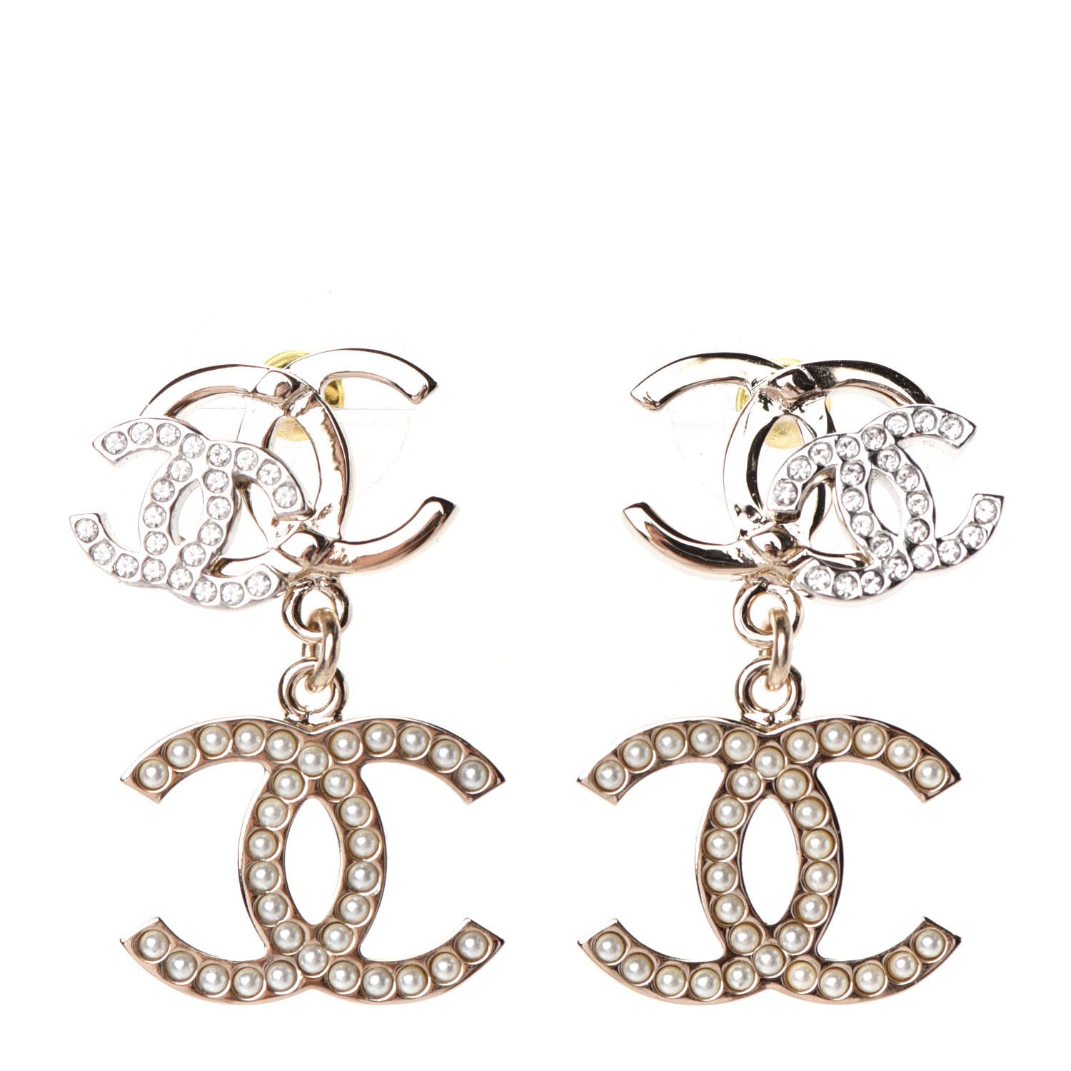Chanel Crystal Pearl Double CC Drop Earrings Gold Silver 1 of 4
