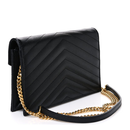Saint Laurent Grain De Poudre Matelasse Chevron Monogram Envelope Chain Wallet Black 2 of 9
