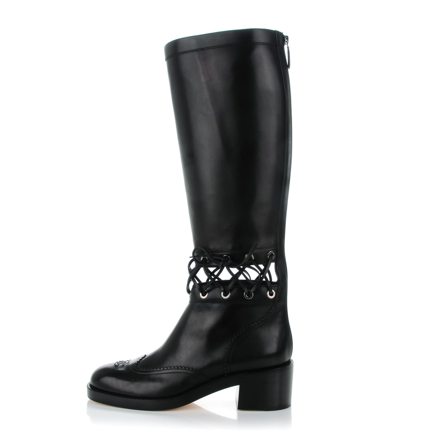 Calfskin Lace Up Knee High Boots 40.5 Black