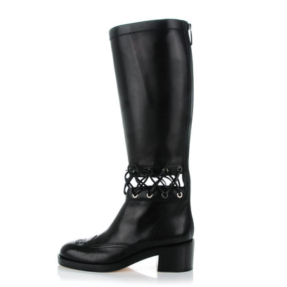 Chanel Calfskin Lace Up Knee High Boots 40.5 Black 1 of 9