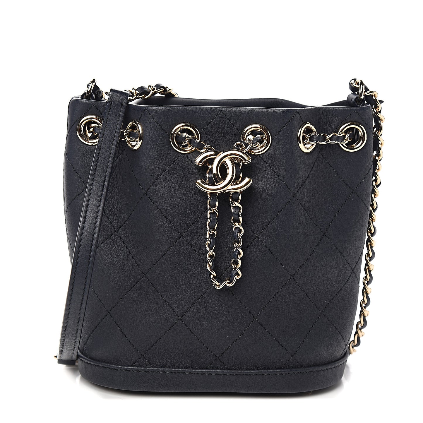 Calfskin Stitched Chain Bucket Bag Navy