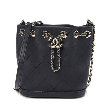 Chanel Calfskin Stitched Chain Bucket Bag Navy 1 of 10