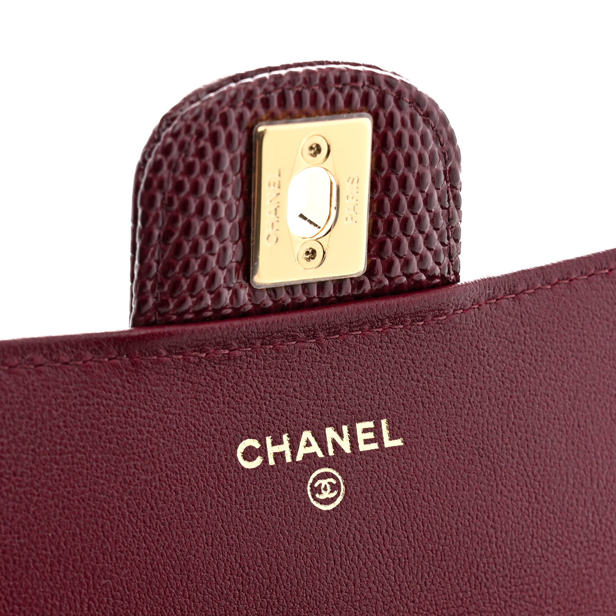 Calfskin Lizard Embossed Clutch With Chain Bordeaux