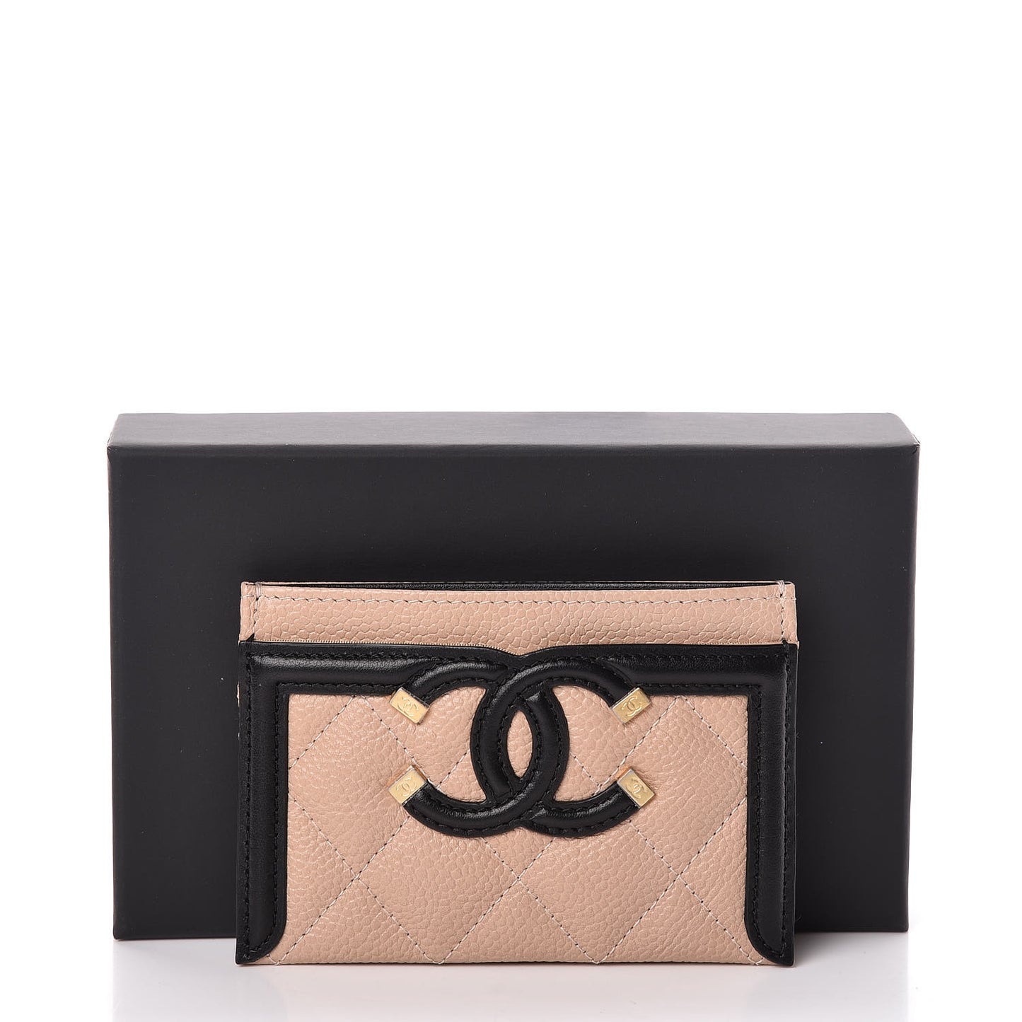 Caviar Quilted Filigree Card Holder Beige Black