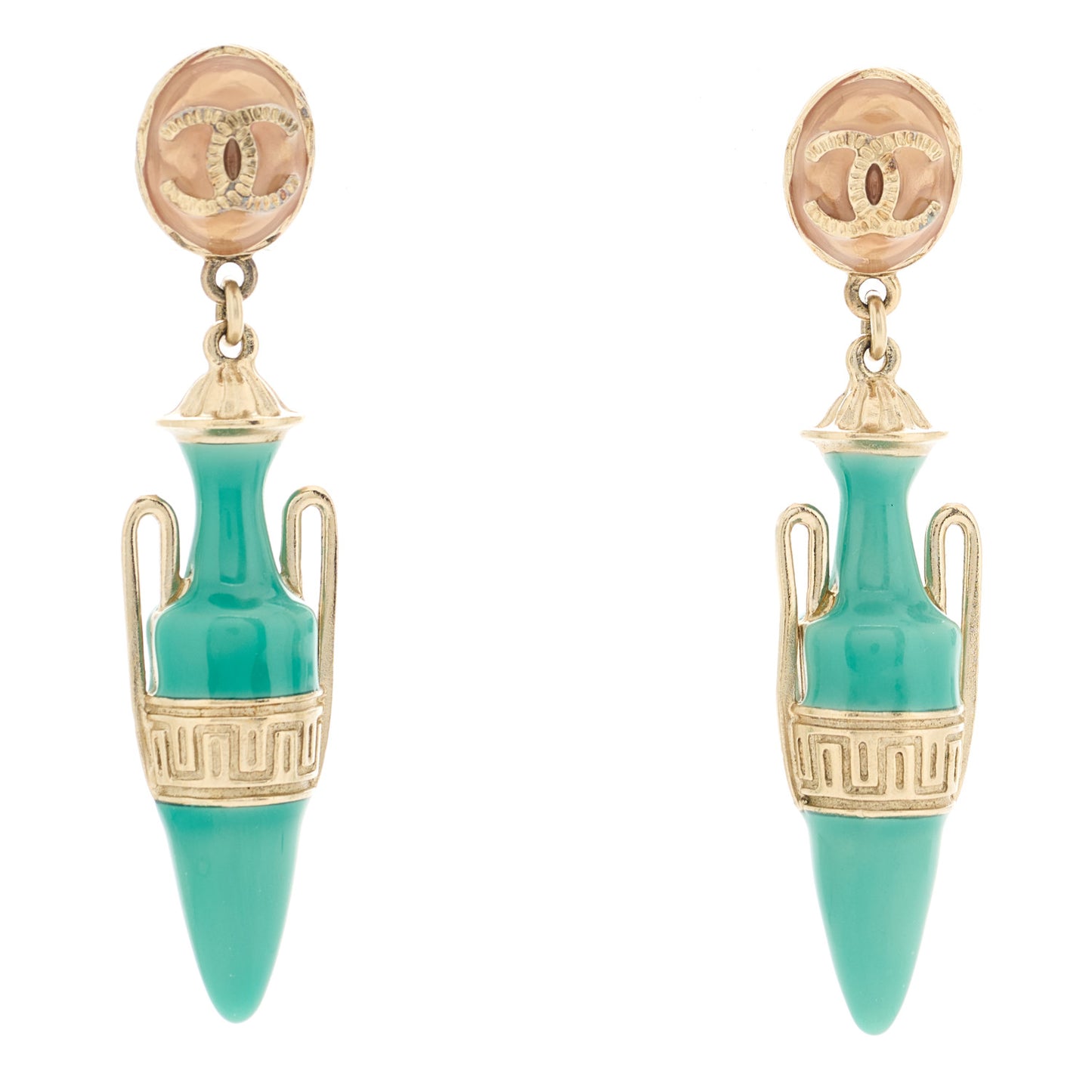 Metal Resin Ancient Greek Urn Drop Earrings Light Gold Turquoise