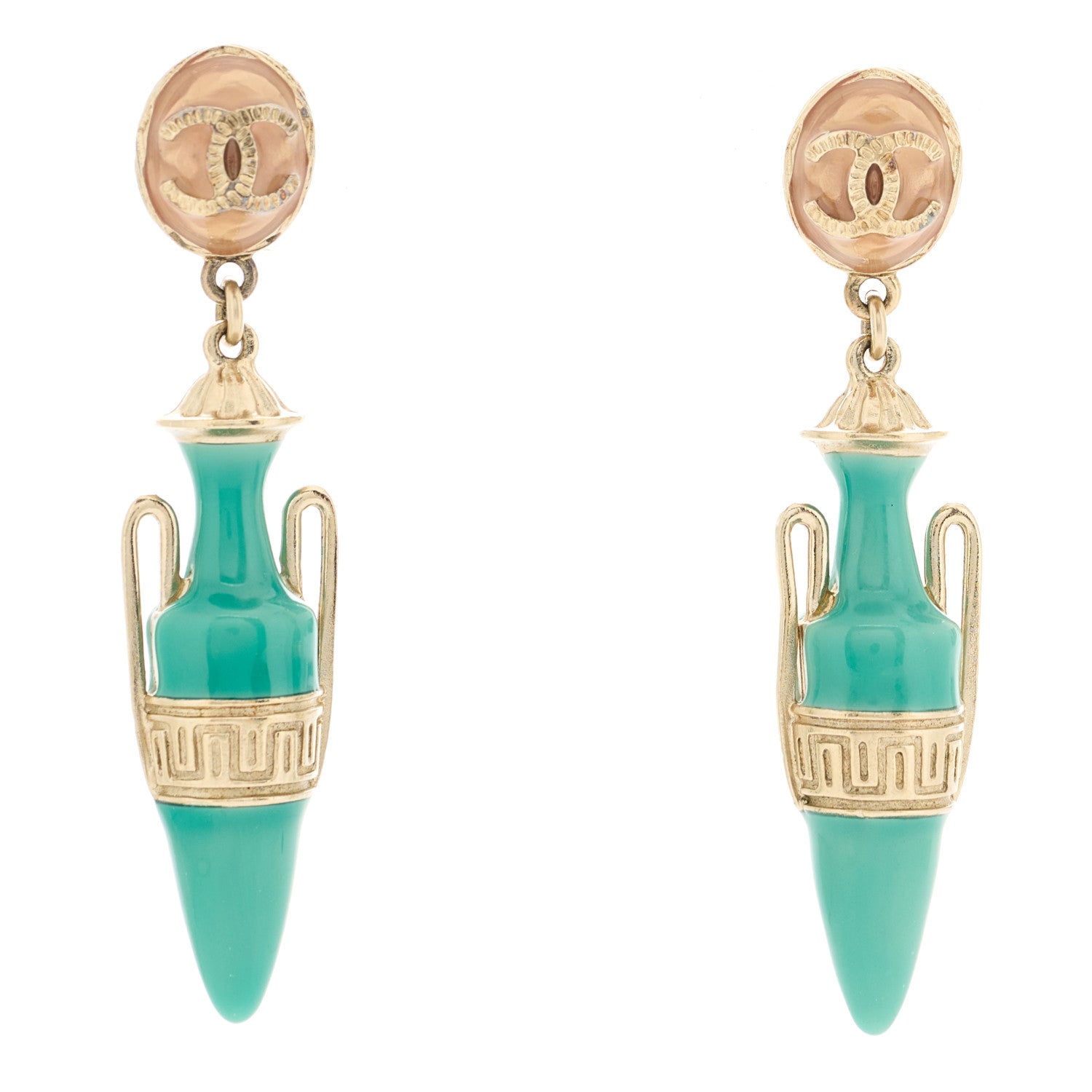 Chanel Metal Resin Ancient Greek Urn Drop Earrings Light Gold Turquoise 1 of 4