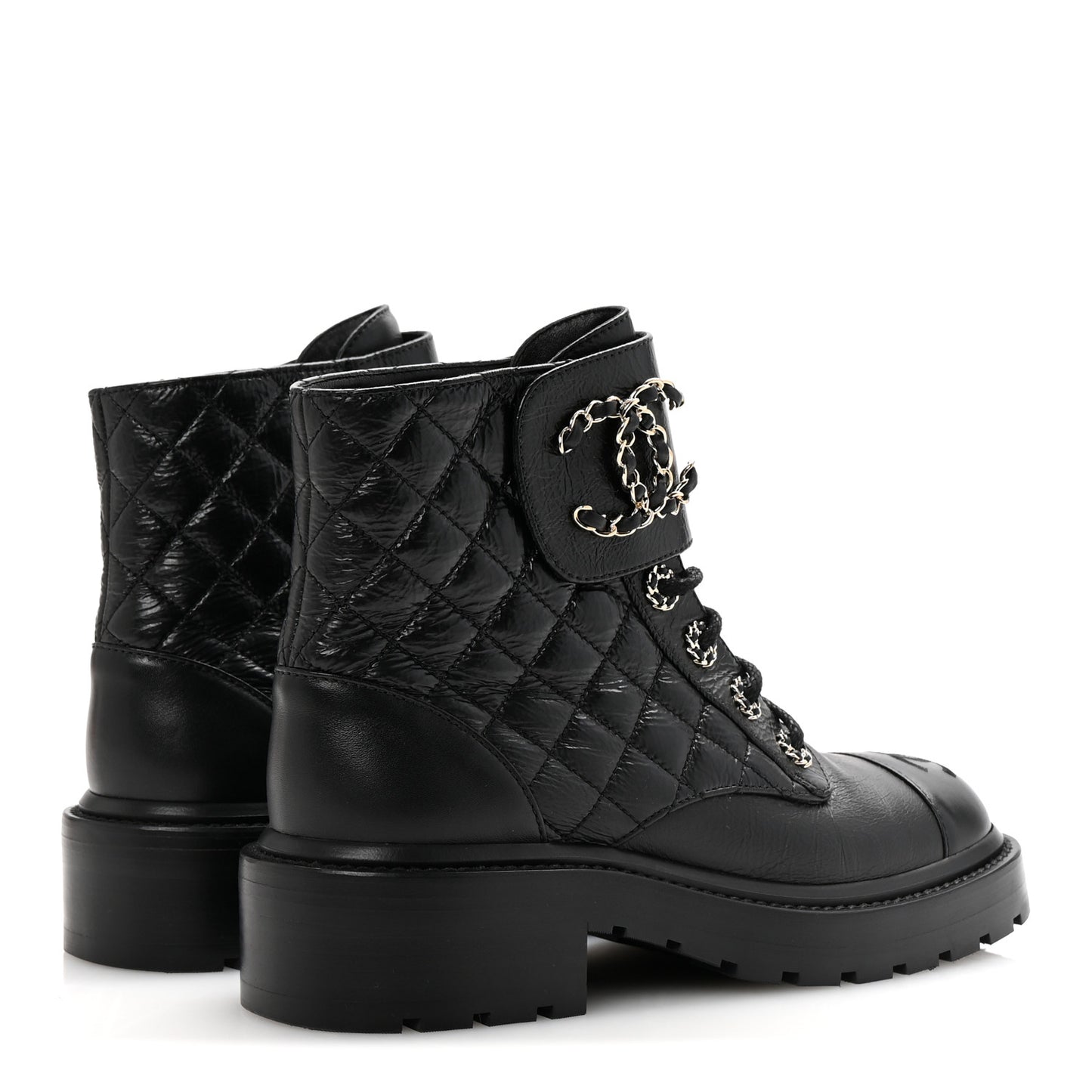 Shiny Goatskin Calfskin Quilted Lace Up Combat Boots 36.5 Black